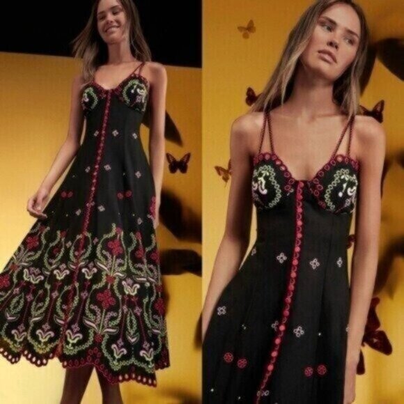 Charo Ruiz Mutti Black Floral Embroidered Eyelet Ibiza Midi Dress Size XS - Picture 2 of 14